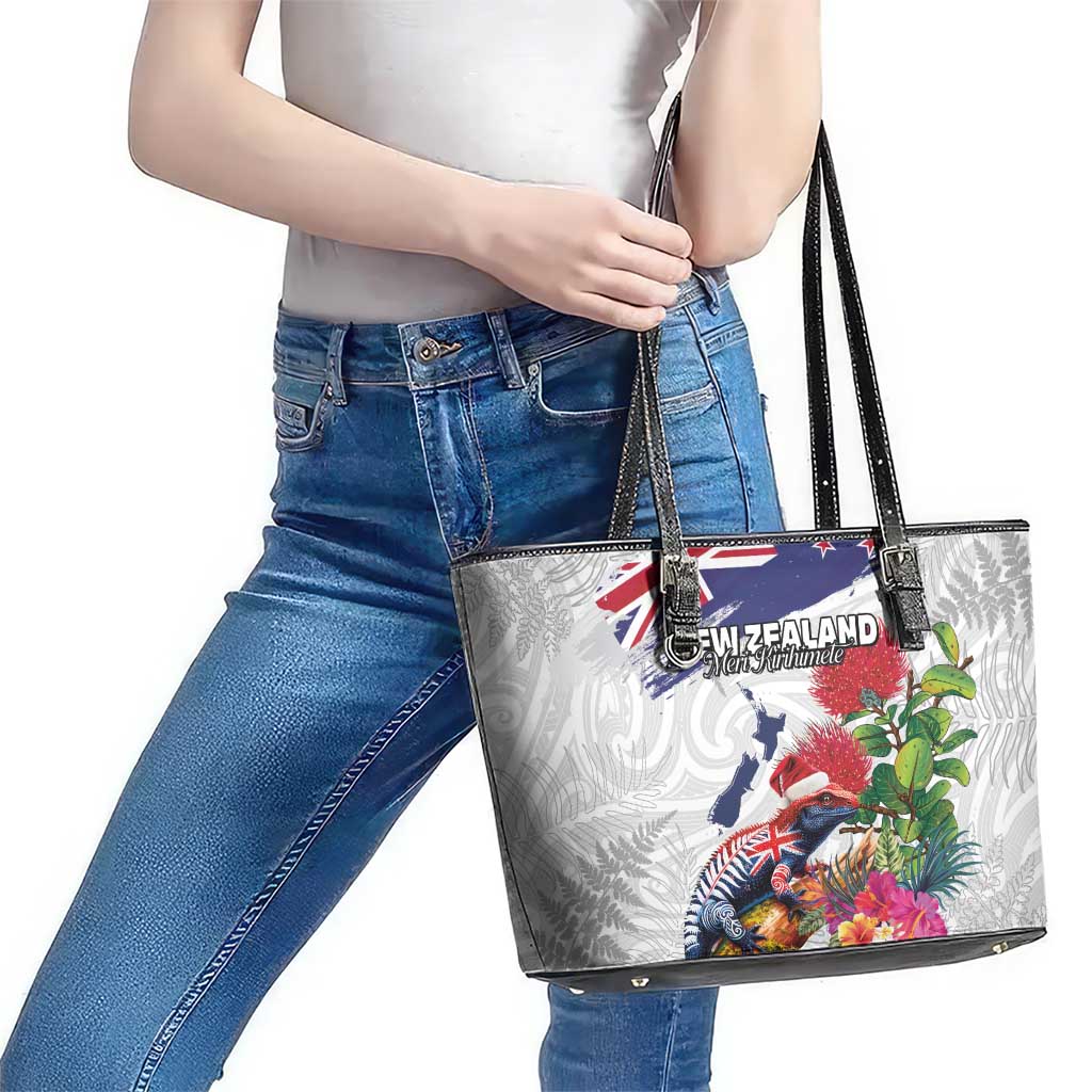 New Zealand Christmas Leather Tote Bag Meri Kirihimete-Tuatara and Pohutukawa White Color