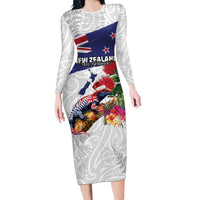 New Zealand Christmas Long Sleeve Bodycon Dress Meri Kirihimete-Tuatara and Pohutukawa White Color