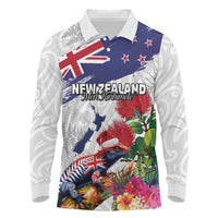 New Zealand Christmas Long Sleeve Polo Shirt Meri Kirihimete-Tuatara and Pohutukawa White Color