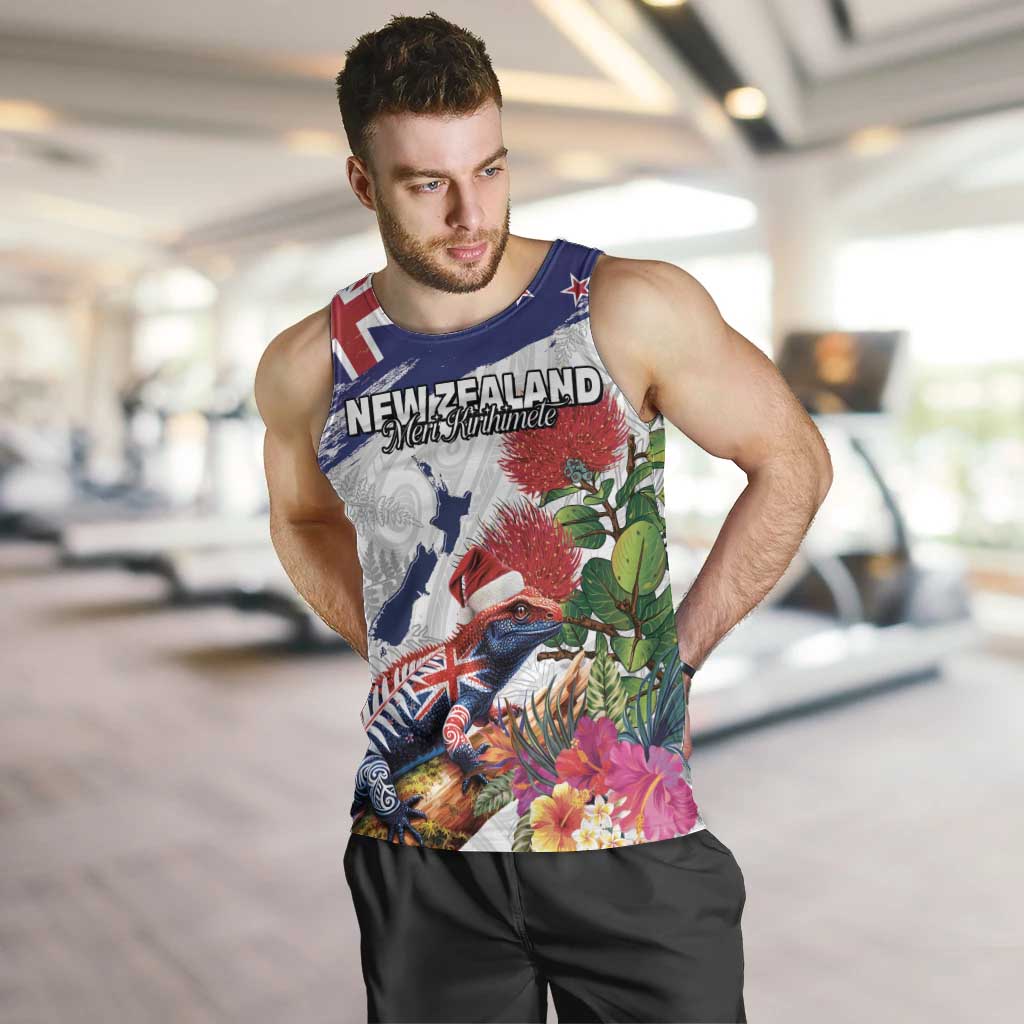 New Zealand Christmas Men Tank Top Meri Kirihimete-Tuatara and Pohutukawa White Color LT03 White - Polynesian Pride