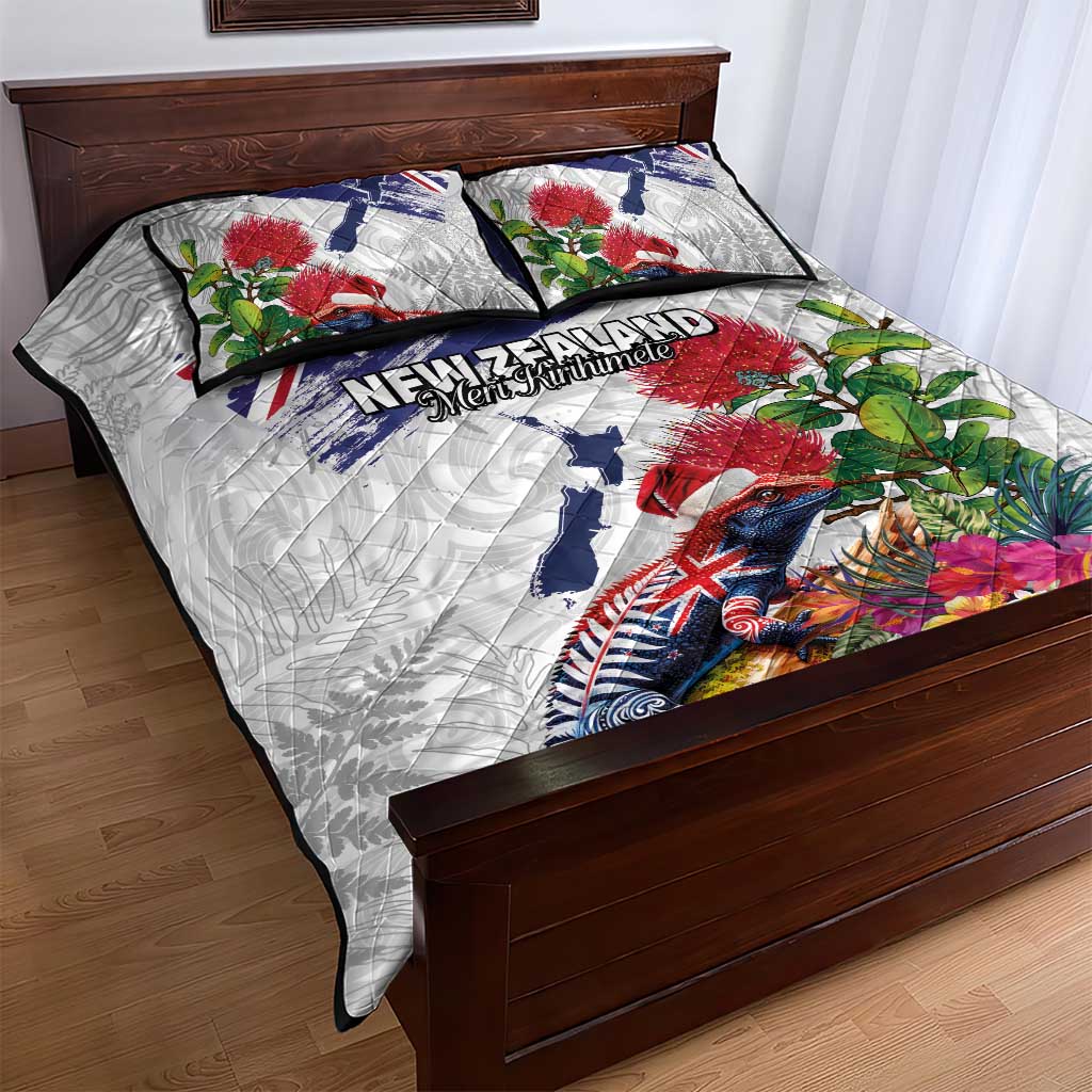 New Zealand Christmas Quilt Bed Set Meri Kirihimete-Tuatara and Pohutukawa White Color