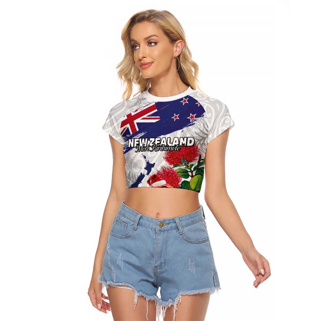 New Zealand Christmas Raglan Cropped T Shirt Meri Kirihimete-Tuatara and Pohutukawa White Color