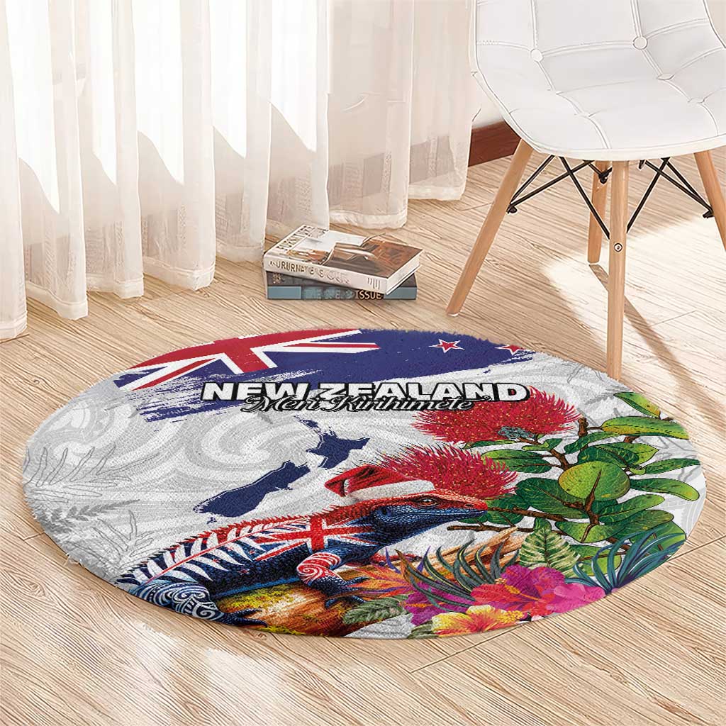 New Zealand Christmas Round Carpet Meri Kirihimete-Tuatara and Pohutukawa White Color