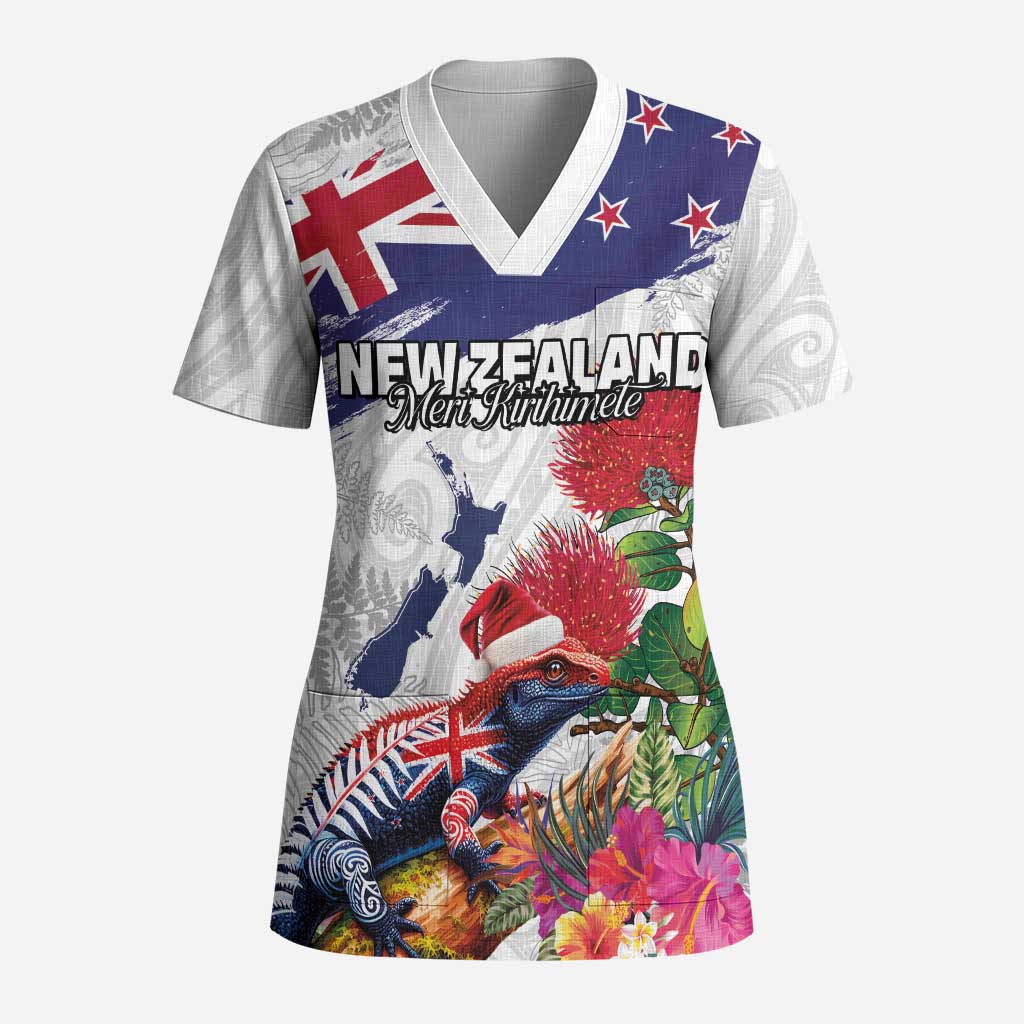 New Zealand Christmas Scrub Top Meri Kirihimete-Tuatara and Pohutukawa White Color - Polynesian Pride
