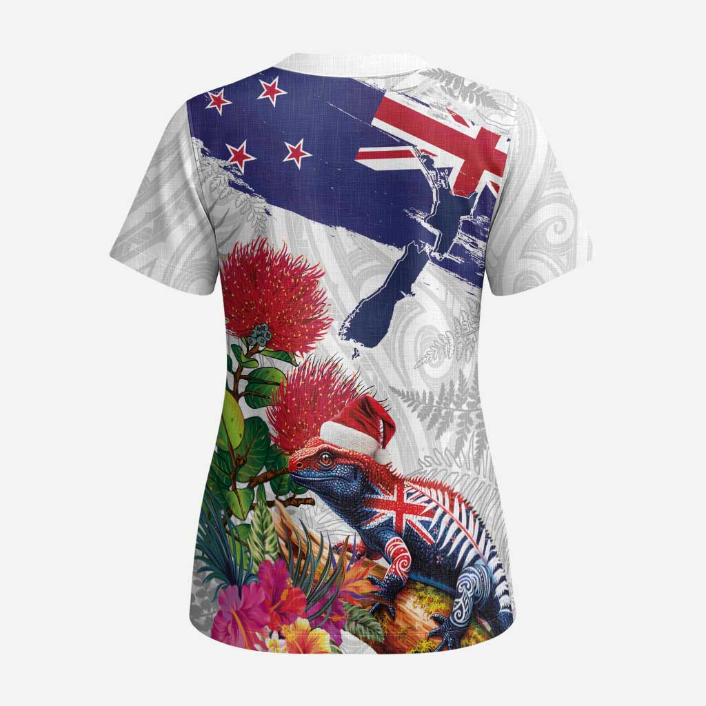 New Zealand Christmas Scrub Top Meri Kirihimete-Tuatara and Pohutukawa White Color - Polynesian Pride