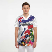 New Zealand Christmas Scrub Top Meri Kirihimete-Tuatara and Pohutukawa White Color - Polynesian Pride