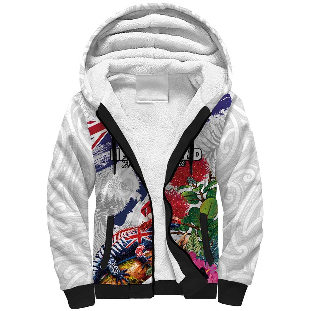 New Zealand Christmas Sherpa Hoodie Meri Kirihimete-Tuatara and Pohutukawa White Color LT03 Unisex White - Polynesian Pride