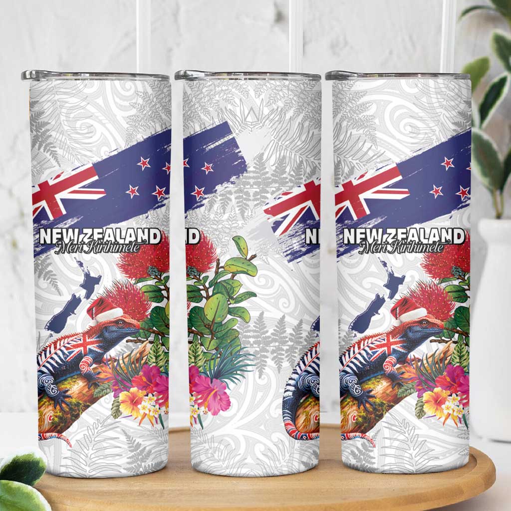New Zealand Christmas Skinny Tumbler Meri Kirihimete-Tuatara and Pohutukawa White Color
