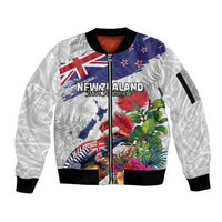 New Zealand Christmas Sleeve Zip Bomber Jacket Meri Kirihimete-Tuatara and Pohutukawa White Color