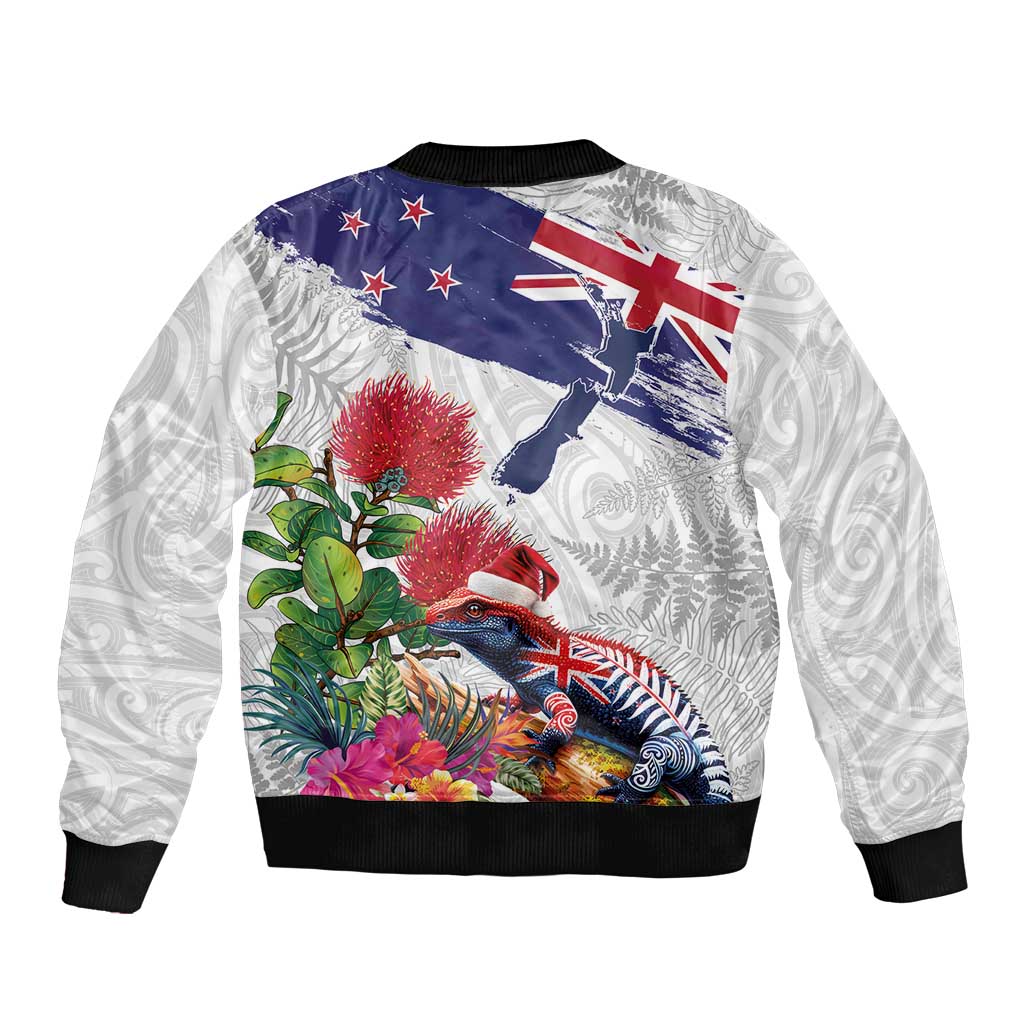 New Zealand Christmas Sleeve Zip Bomber Jacket Meri Kirihimete-Tuatara and Pohutukawa White Color