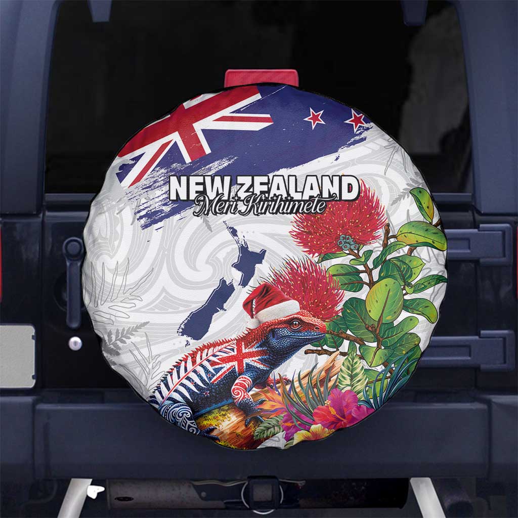 New Zealand Christmas Spare Tire Cover Meri Kirihimete-Tuatara and Pohutukawa White Color