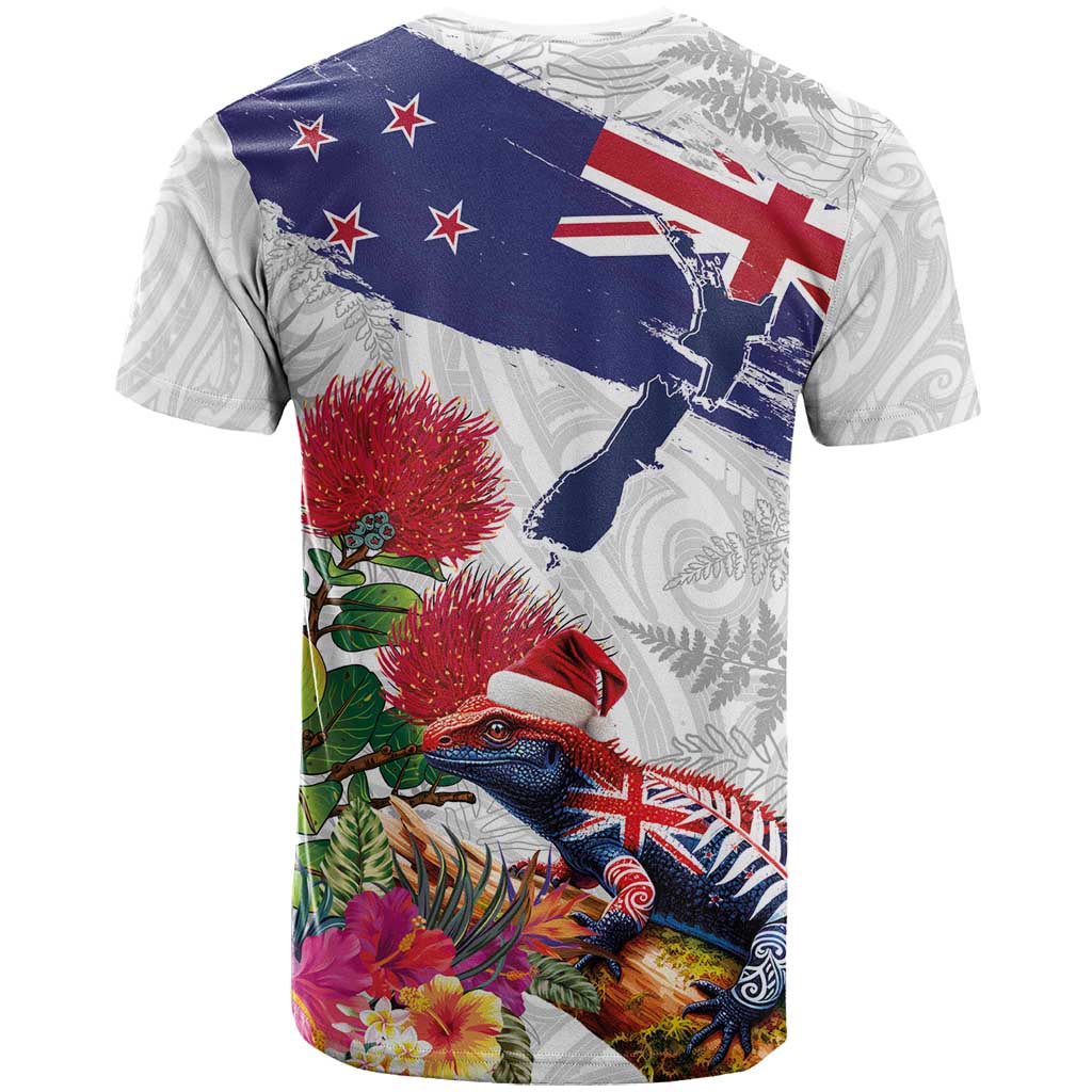 New Zealand Christmas T Shirt Meri Kirihimete-Tuatara and Pohutukawa White Color