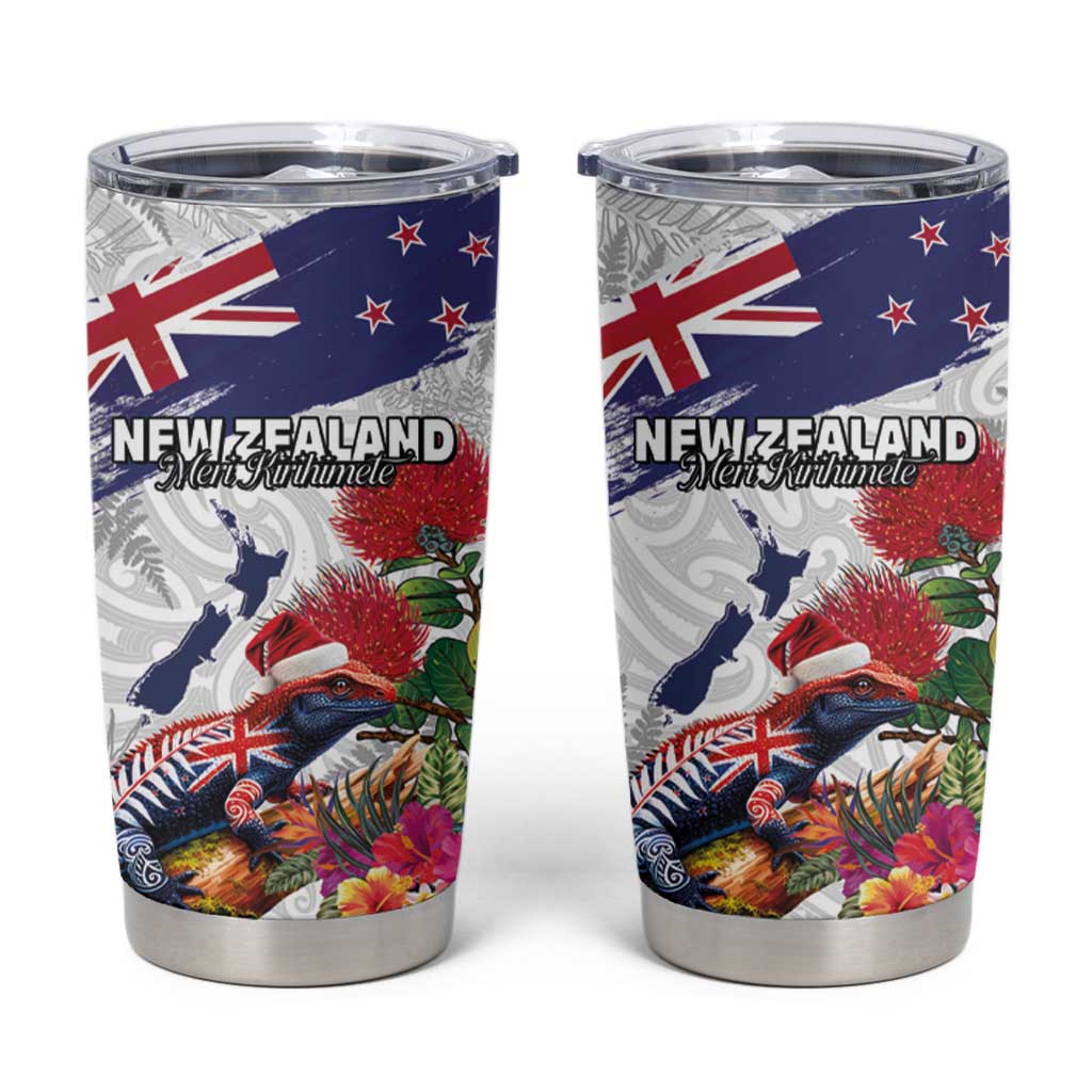 New Zealand Christmas Tumbler Cup Meri Kirihimete-Tuatara and Pohutukawa White Color