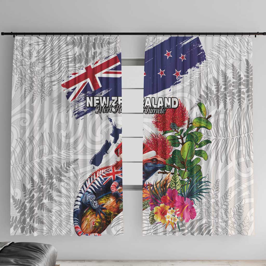 New Zealand Christmas Window Curtain Meri Kirihimete-Tuatara and Pohutukawa White Color