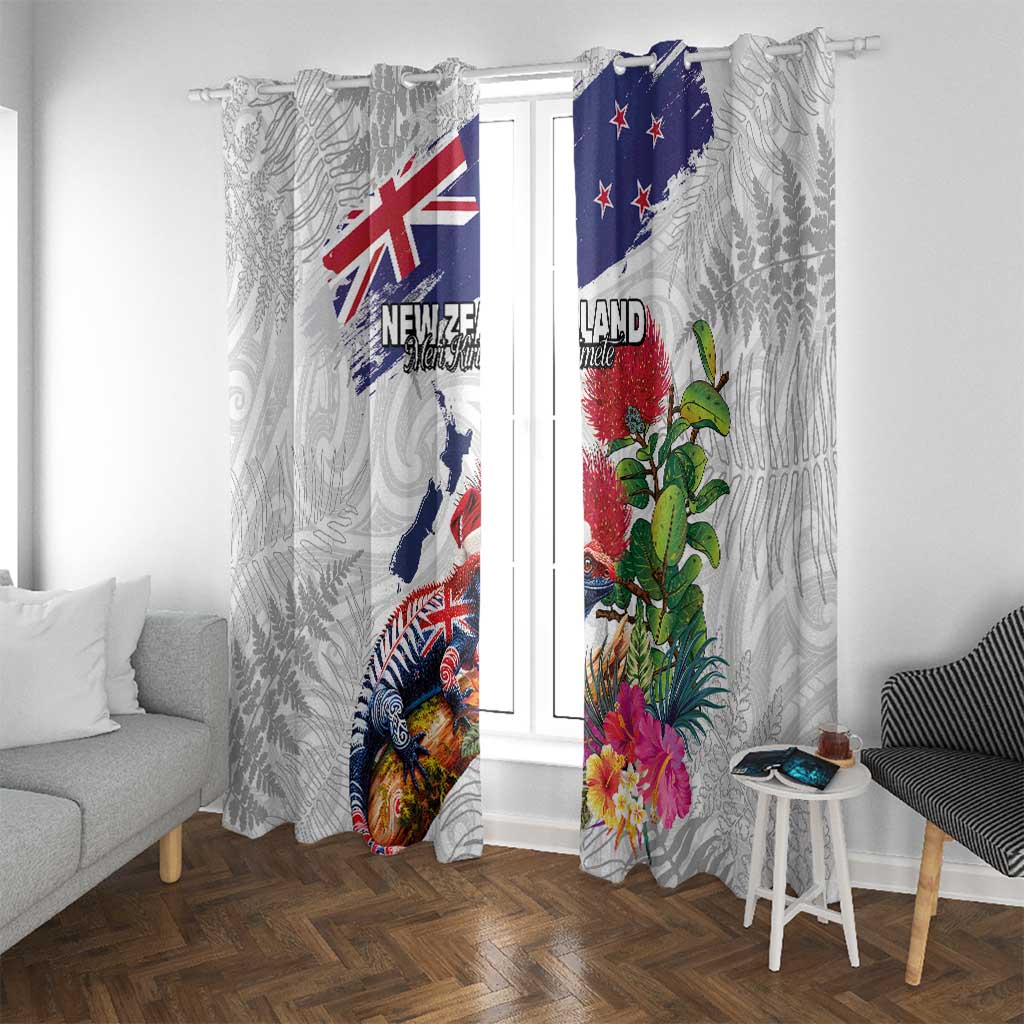 New Zealand Christmas Window Curtain Meri Kirihimete-Tuatara and Pohutukawa White Color
