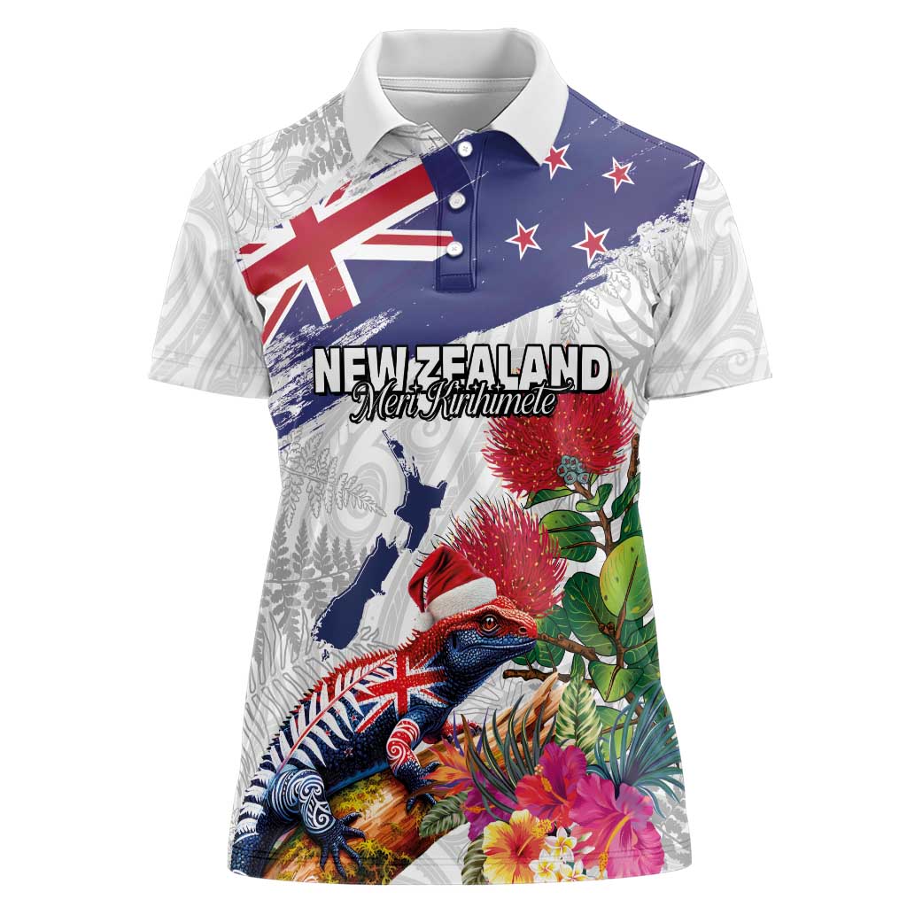 New Zealand Christmas Women Polo Shirt Meri Kirihimete-Tuatara and Pohutukawa White Color