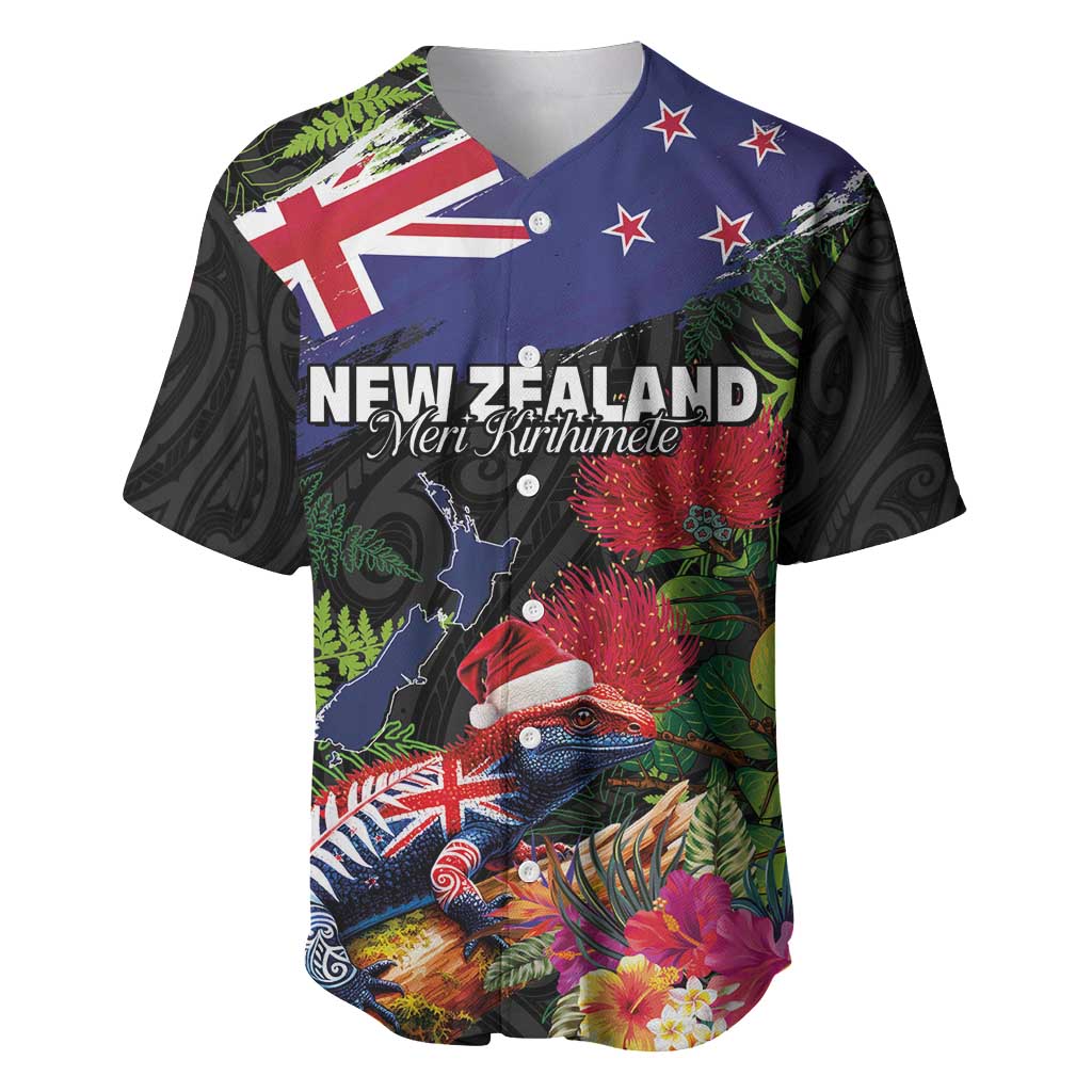 New Zealand Christmas Baseball Jersey Meri Kirihimete-Tuatara and Pohutukawa Black Color