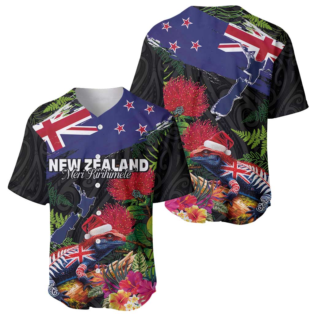 New Zealand Christmas Baseball Jersey Meri Kirihimete-Tuatara and Pohutukawa Black Color