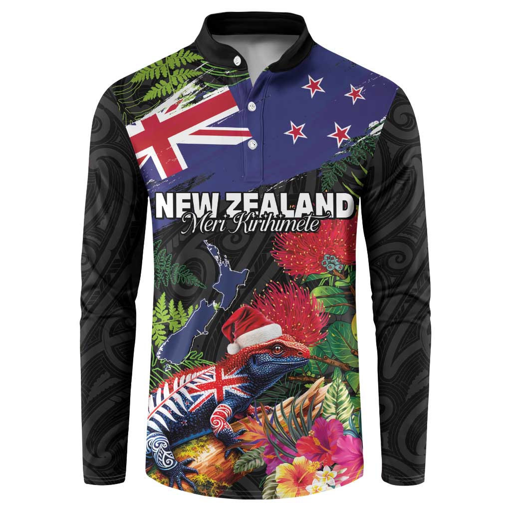 New Zealand Christmas Button Sweatshirt Meri Kirihimete-Tuatara and Pohutukawa Black Color LT03 Black - Polynesian Pride