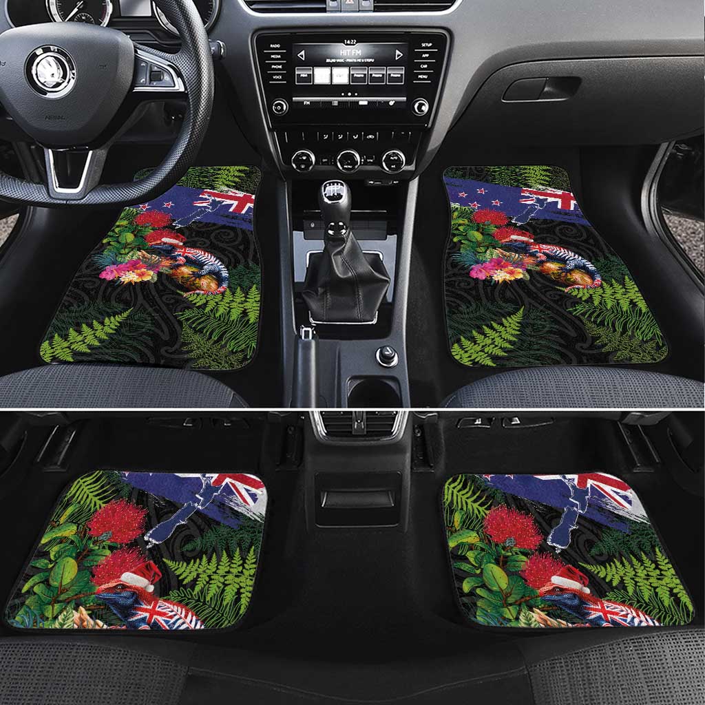 New Zealand Christmas Car Mats Meri Kirihimete-Tuatara and Pohutukawa Black Color LT03 Set 4pcs Black - Polynesian Pride