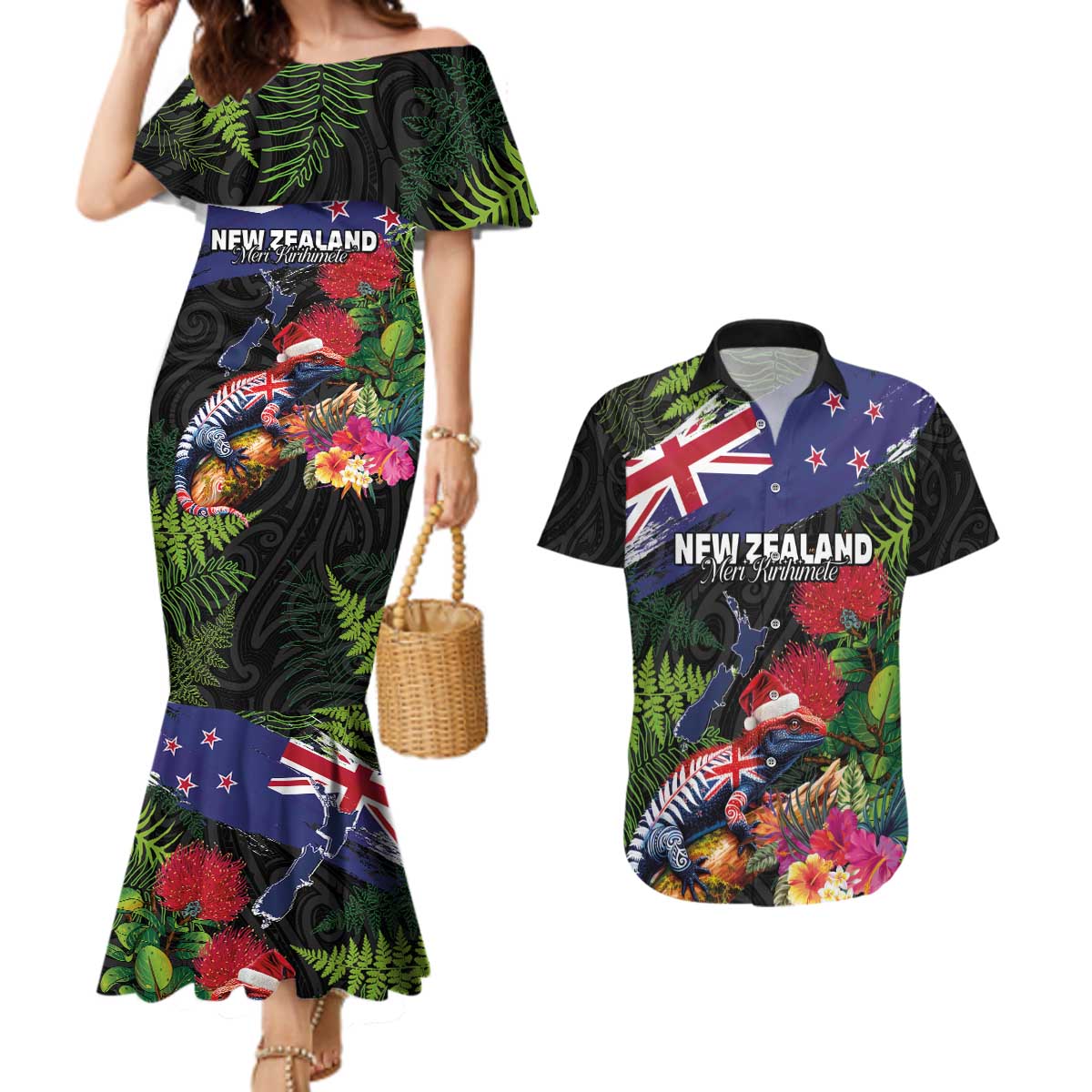 New Zealand Christmas Couples Matching Mermaid Dress and Hawaiian Shirt Meri Kirihimete-Tuatara and Pohutukawa Black Color LT03 Black - Polynesian Pride