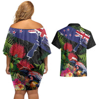 New Zealand Christmas Couples Matching Off Shoulder Short Dress and Hawaiian Shirt Meri Kirihimete-Tuatara and Pohutukawa Black Color