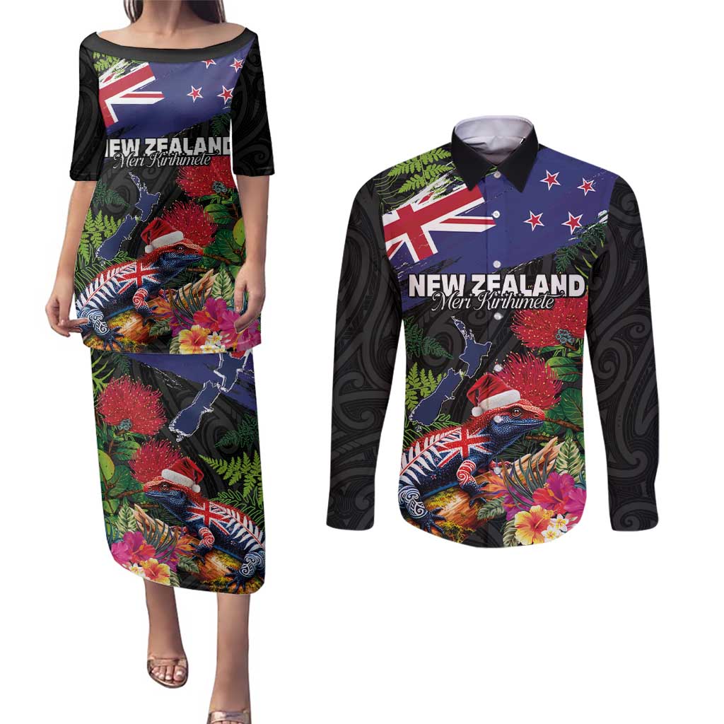New Zealand Christmas Couples Matching Puletasi and Long Sleeve Button Shirt Meri Kirihimete-Tuatara and Pohutukawa Black Color LT03 Black - Polynesian Pride