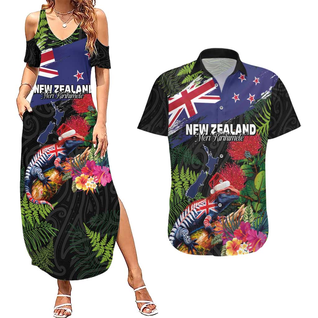New Zealand Christmas Couples Matching Summer Maxi Dress and Hawaiian Shirt Meri Kirihimete-Tuatara and Pohutukawa Black Color LT03 Black - Polynesian Pride