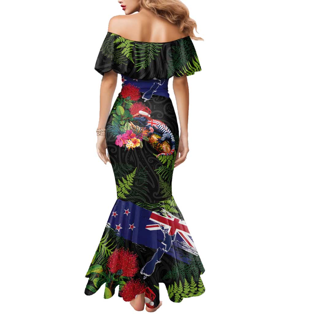 New Zealand Christmas Family Matching Mermaid Dress and Hawaiian Shirt Meri Kirihimete-Tuatara and Pohutukawa Black Color