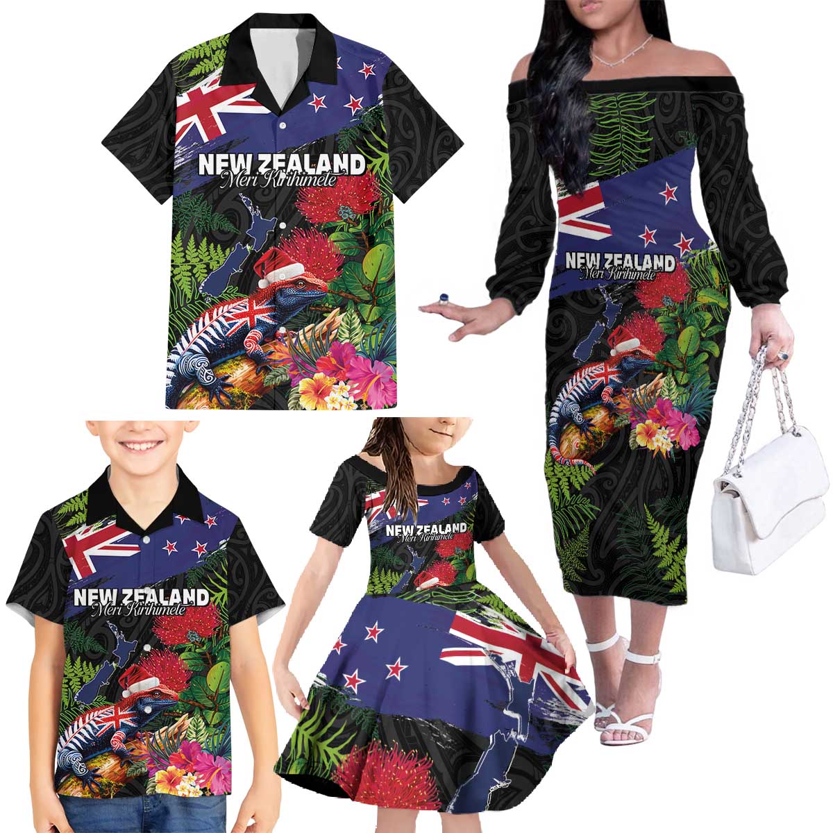 New Zealand Christmas Family Matching Off The Shoulder Long Sleeve Dress and Hawaiian Shirt Meri Kirihimete-Tuatara and Pohutukawa Black Color LT03 - Polynesian Pride