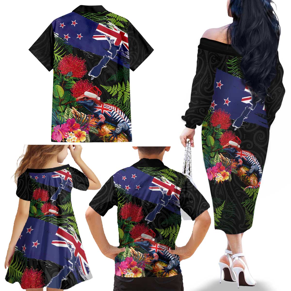 New Zealand Christmas Family Matching Off The Shoulder Long Sleeve Dress and Hawaiian Shirt Meri Kirihimete-Tuatara and Pohutukawa Black Color