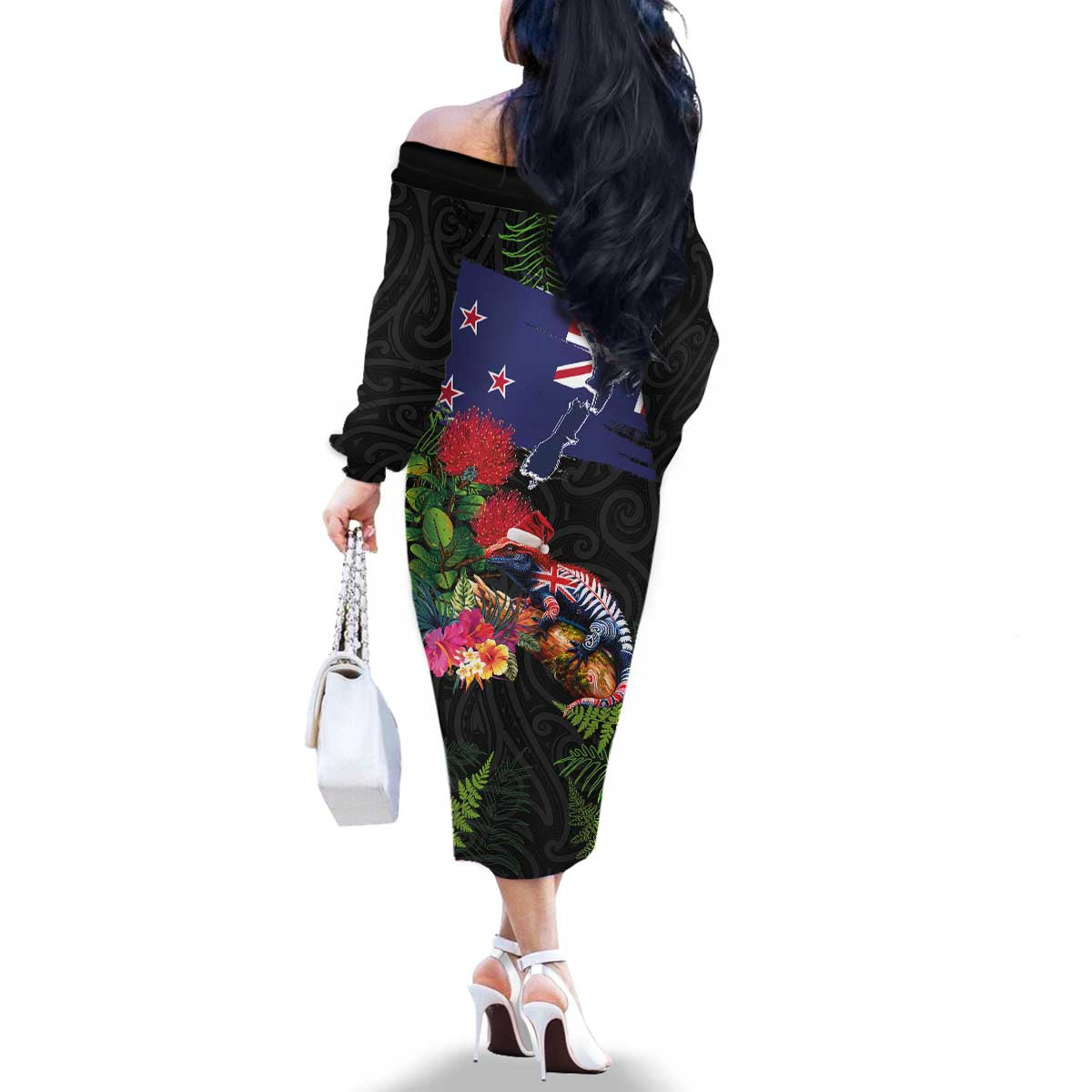 New Zealand Christmas Family Matching Off The Shoulder Long Sleeve Dress and Hawaiian Shirt Meri Kirihimete-Tuatara and Pohutukawa Black Color