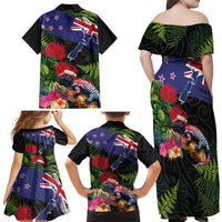 New Zealand Christmas Family Matching Off Shoulder Maxi Dress and Hawaiian Shirt Meri Kirihimete-Tuatara and Pohutukawa Black Color