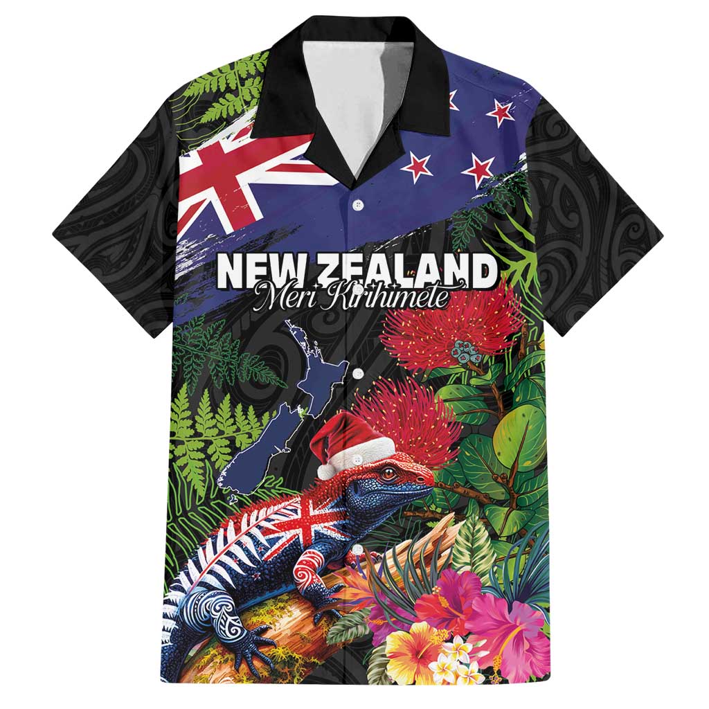 New Zealand Christmas Family Matching Off Shoulder Maxi Dress and Hawaiian Shirt Meri Kirihimete-Tuatara and Pohutukawa Black Color