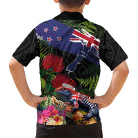 New Zealand Christmas Family Matching Off Shoulder Short Dress and Hawaiian Shirt Meri Kirihimete-Tuatara and Pohutukawa Black Color