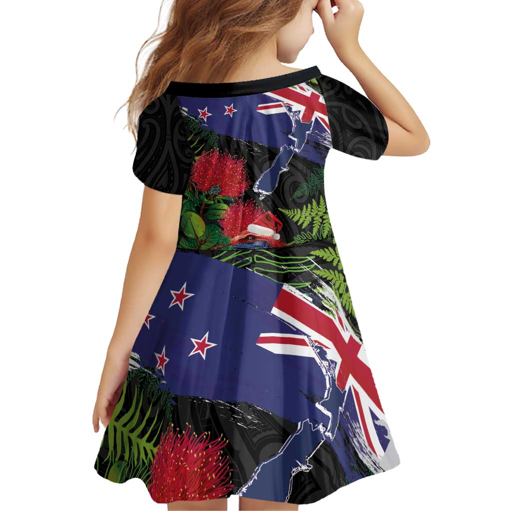New Zealand Christmas Family Matching Off Shoulder Short Dress and Hawaiian Shirt Meri Kirihimete-Tuatara and Pohutukawa Black Color