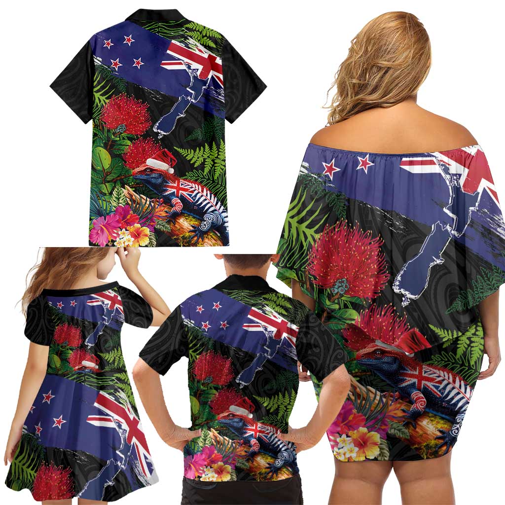 New Zealand Christmas Family Matching Off Shoulder Short Dress and Hawaiian Shirt Meri Kirihimete-Tuatara and Pohutukawa Black Color