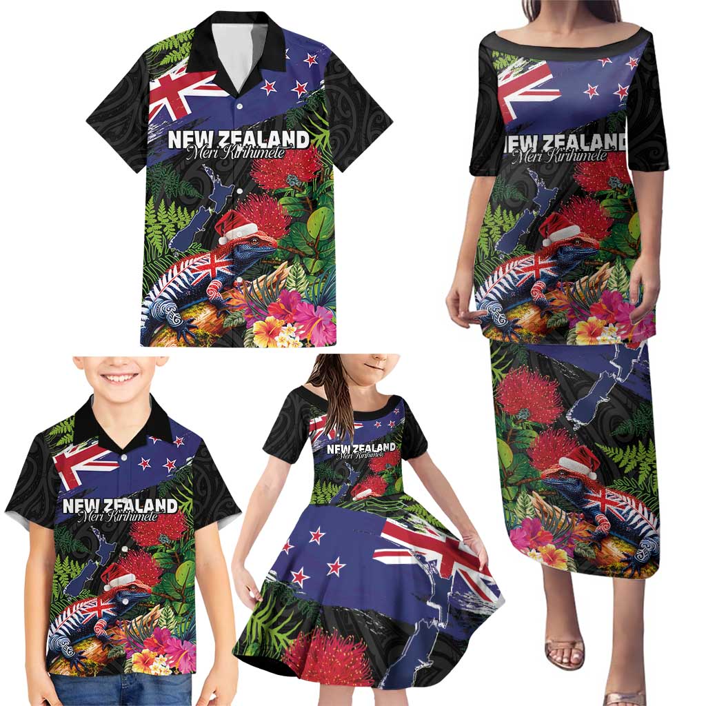 New Zealand Christmas Family Matching Puletasi and Hawaiian Shirt Meri Kirihimete-Tuatara and Pohutukawa Black Color LT03 - Polynesian Pride