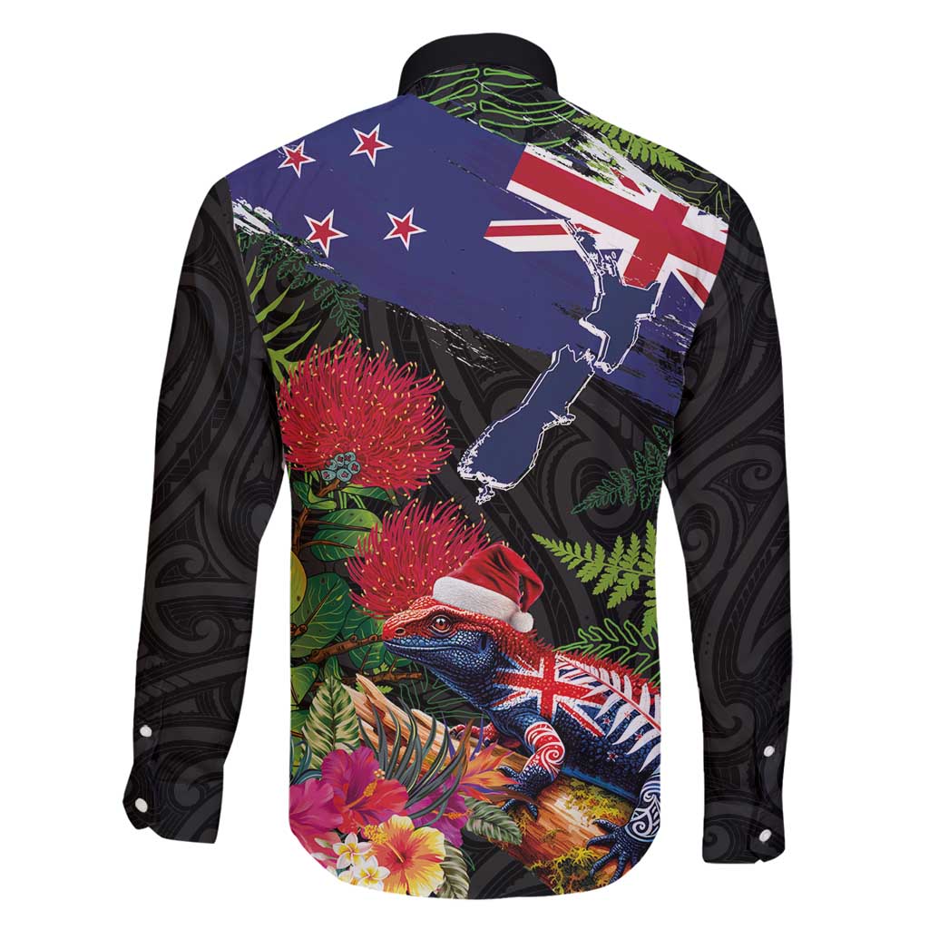 New Zealand Christmas Family Matching Puletasi and Hawaiian Shirt Meri Kirihimete-Tuatara and Pohutukawa Black Color