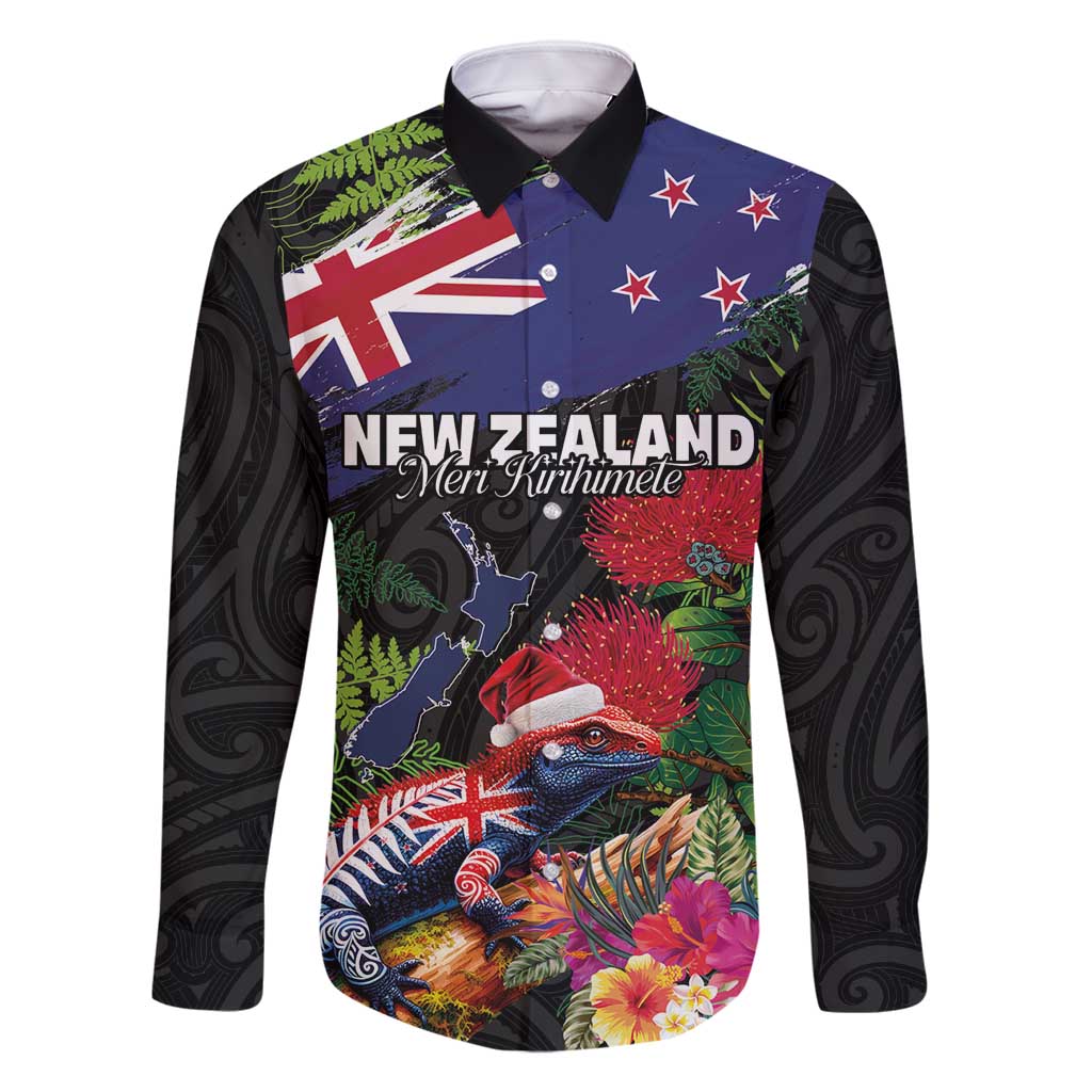 New Zealand Christmas Family Matching Tank Maxi Dress and Hawaiian Shirt Meri Kirihimete-Tuatara and Pohutukawa Black Color