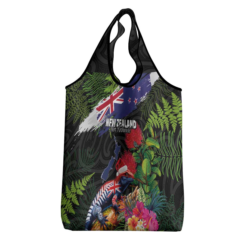 New Zealand Christmas Grocery Bag Meri Kirihimete-Tuatara and Pohutukawa Black Color