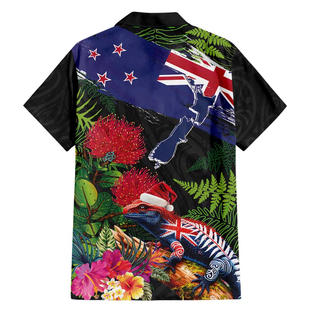 New Zealand Christmas Hawaiian Shirt Meri Kirihimete-Tuatara and Pohutukawa Black Color