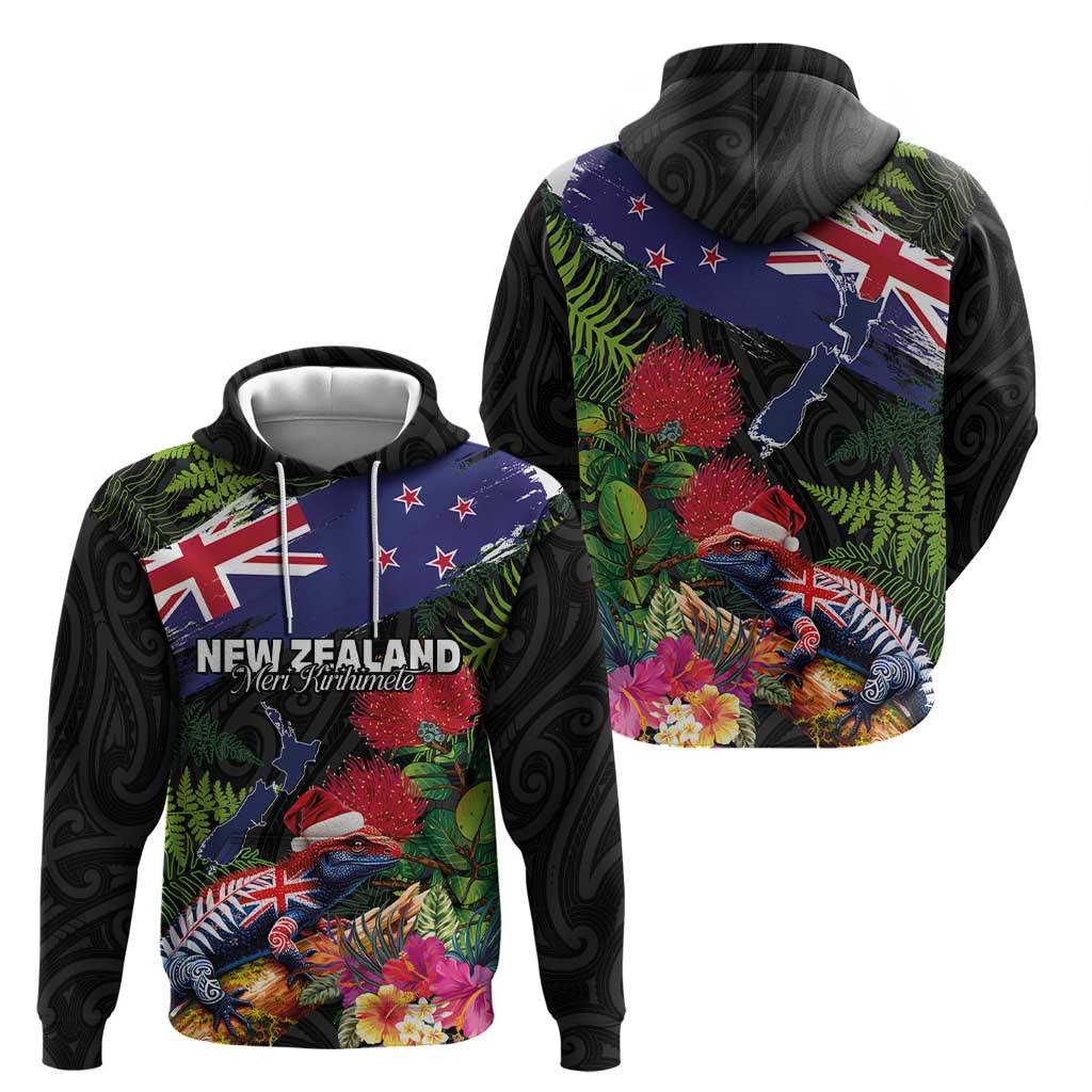 New Zealand Christmas Hoodie Meri Kirihimete-Tuatara and Pohutukawa Black Color
