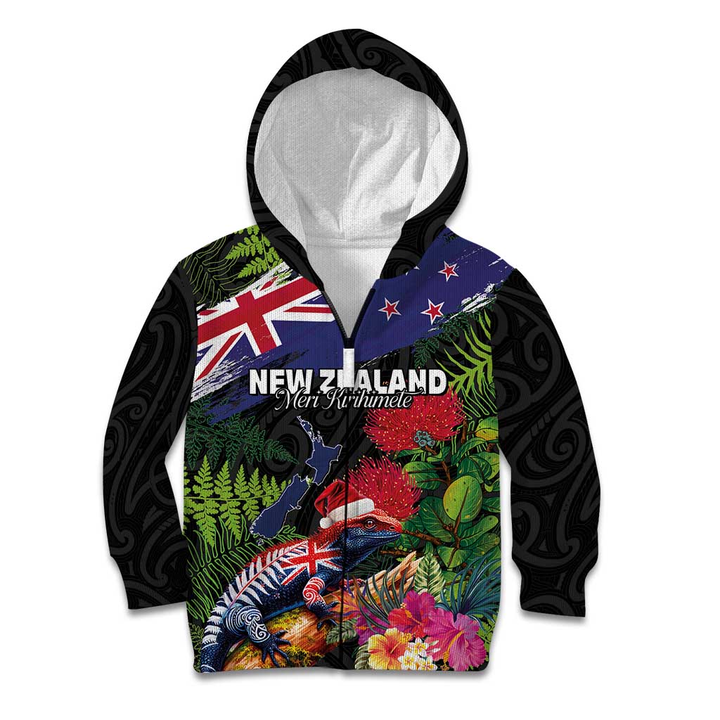 New Zealand Christmas Kid Hoodie Meri Kirihimete-Tuatara and Pohutukawa Black Color