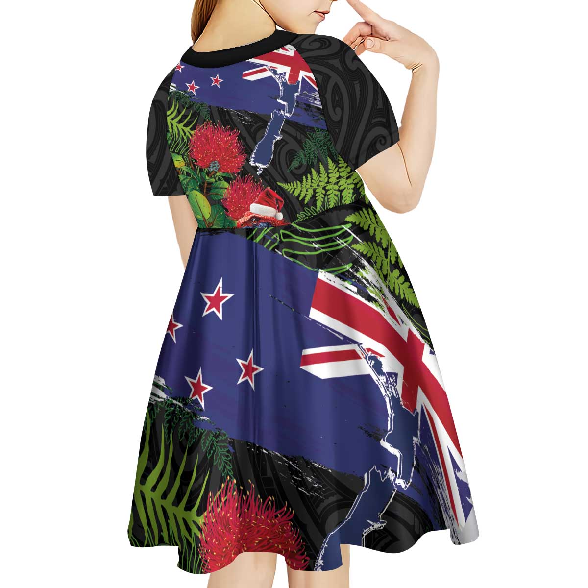 New Zealand Christmas Kid Short Sleeve Dress Meri Kirihimete-Tuatara and Pohutukawa Black Color