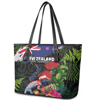 New Zealand Christmas Leather Tote Bag Meri Kirihimete-Tuatara and Pohutukawa Black Color