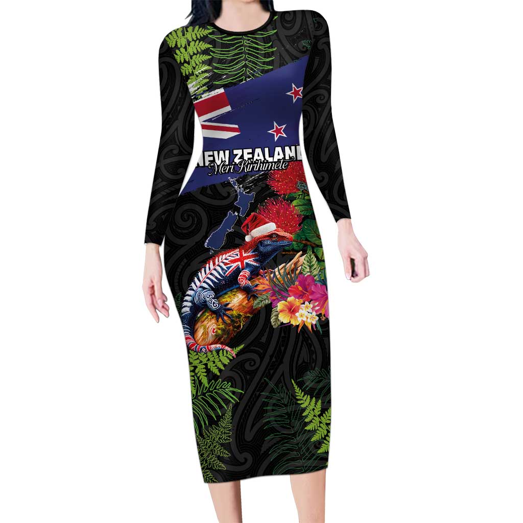 New Zealand Christmas Long Sleeve Bodycon Dress Meri Kirihimete-Tuatara and Pohutukawa Black Color