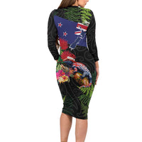 New Zealand Christmas Long Sleeve Bodycon Dress Meri Kirihimete-Tuatara and Pohutukawa Black Color
