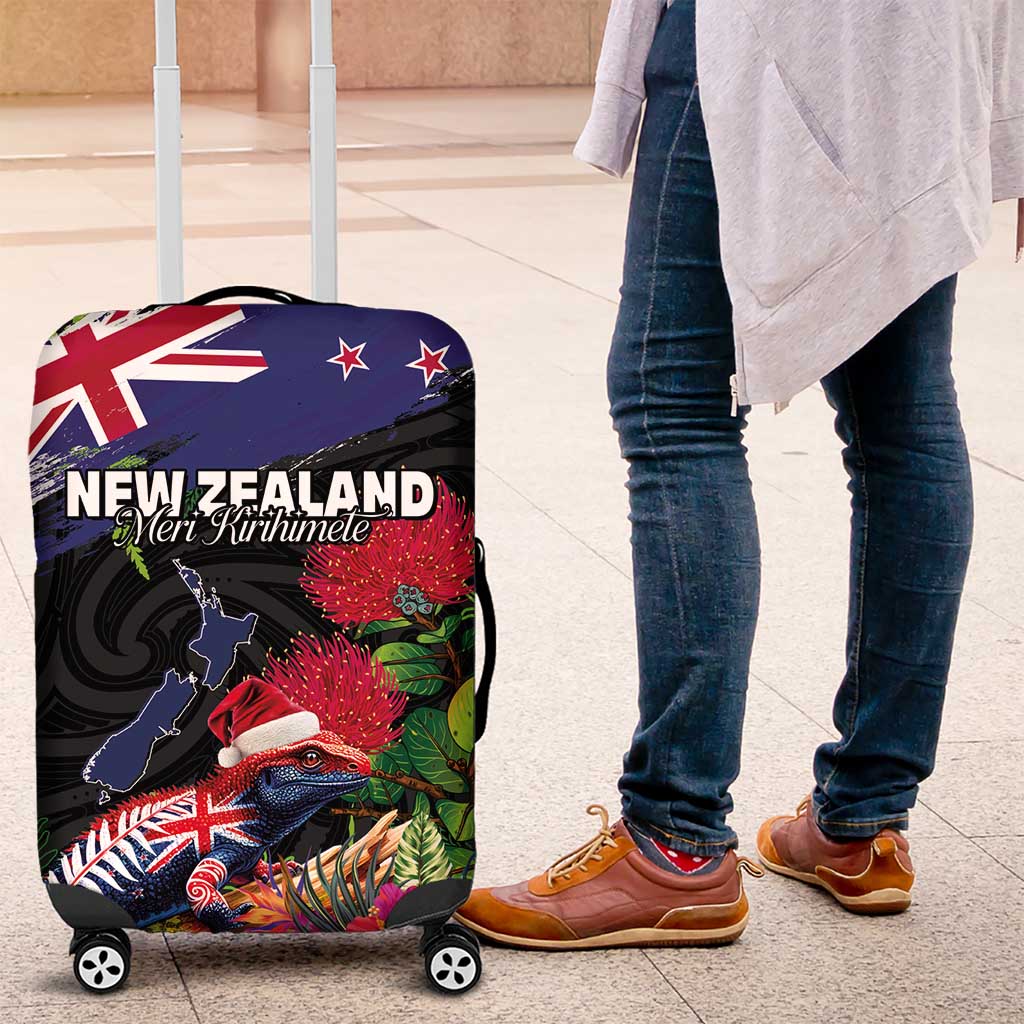 New Zealand Christmas Luggage Cover Meri Kirihimete-Tuatara and Pohutukawa Black Color