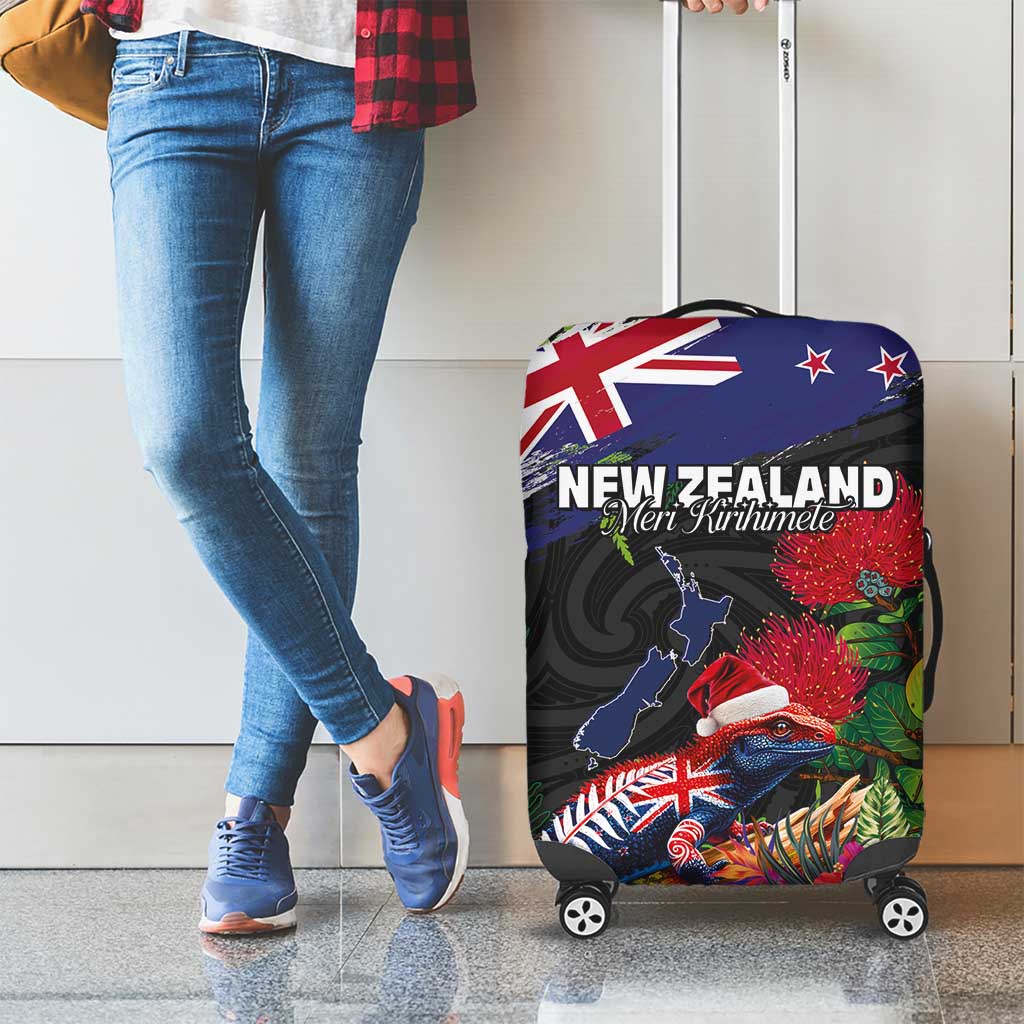 New Zealand Christmas Luggage Cover Meri Kirihimete-Tuatara and Pohutukawa Black Color